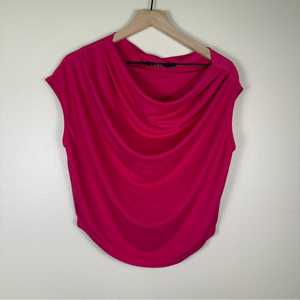 LAUREN RALPH LAUREN Old Money Women XS Drama Hot Pink Drape Neck‎ Cap Sleeve Top